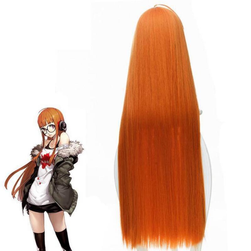 Anime 90cm Long Straight Wig Cosplay Persona 5 Futaba Sakura Orange Wigs Heat Resistant Synthetic Hair Women Cosplay Wigs