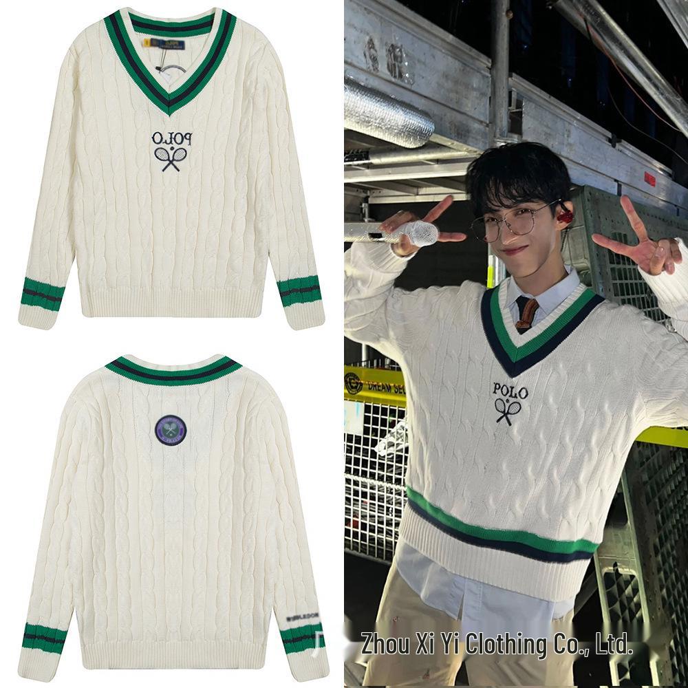 Унисекс свитер с V-образным вырезом Wimbledon Collab RLV: Модный топ с вышивкой и косами