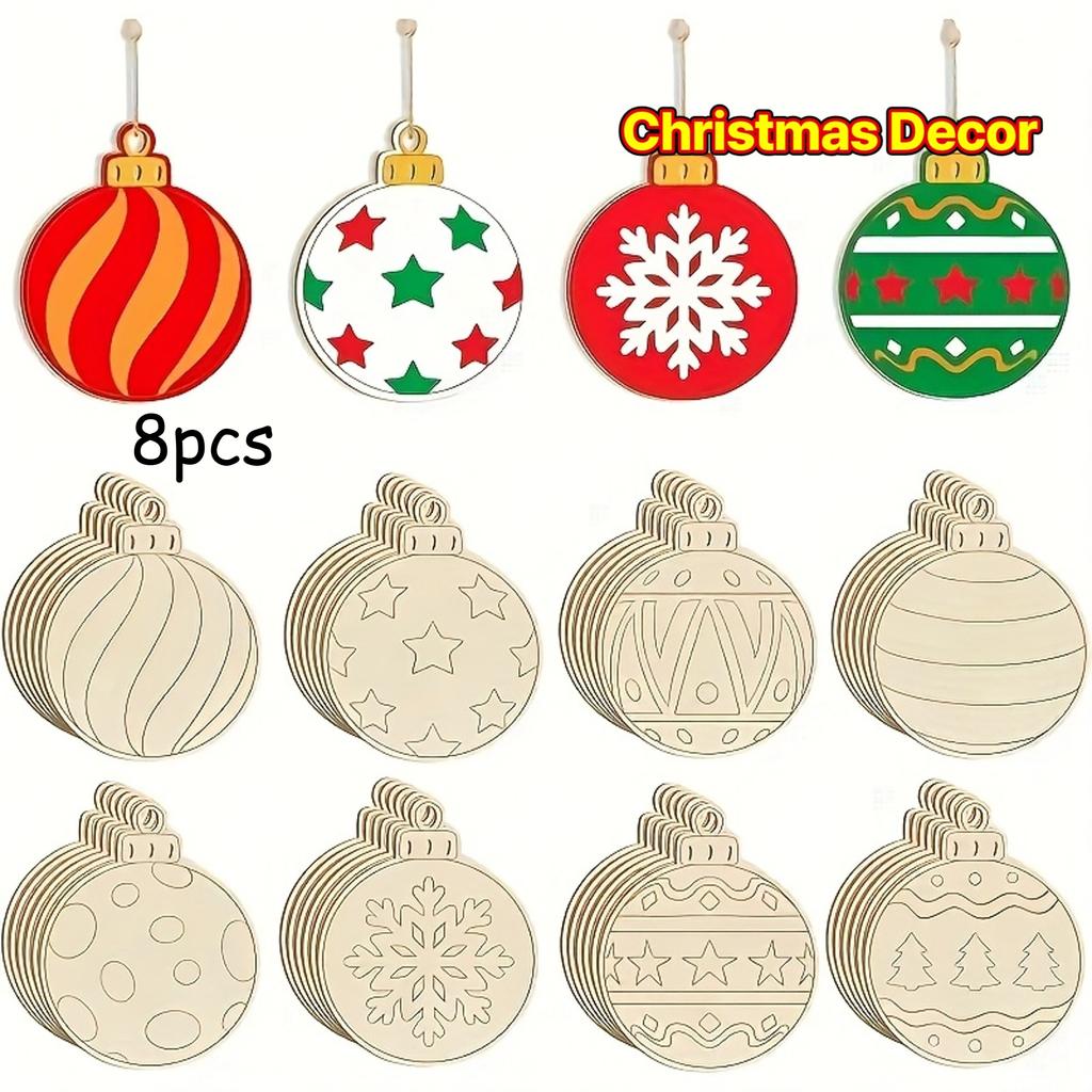 8/16pcs Creative Wooden Christmas Ornaments, DIY Painting Crafts - 4 Designs with Twine Rope Decoration. Christmas Ornaments