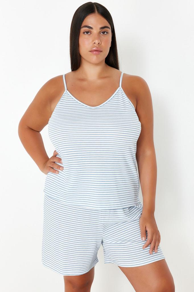 Женский стильный пижамный комплект больших размеров, черный полосатый вязаный пижамный комплект с тонким ремешком