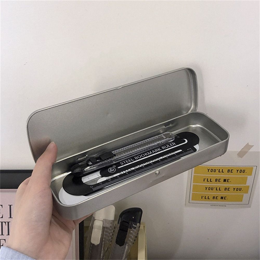 Office Silver Metal Single Layer Pen Box Stationery Box Pencil Storage Box Pencil Box Pencil Case