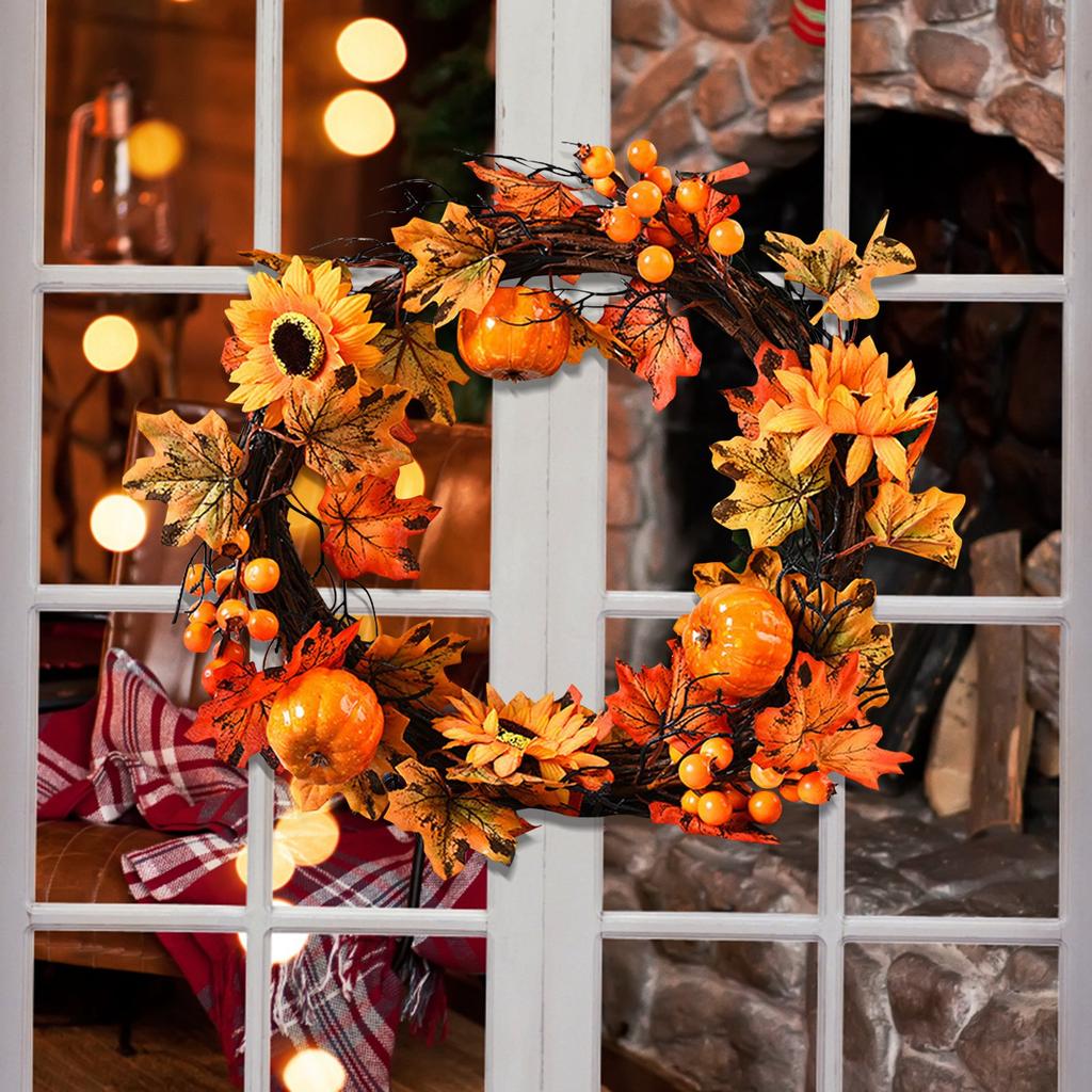 Хэллоуин Осеннее украшение для дома Подсолнух Ягода Дверь Подвесной висячий круг День благодарения Кленовый лист Венок Украшение