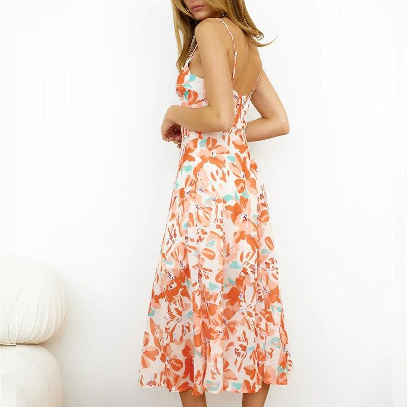 Fashion Floral Printed Ruffled Slip Ladies Dress Summer Elegant Sleeveless V-neck Long Dress Women Sexy Vestido De Mujer 25472