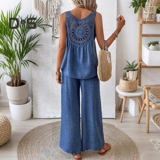 Женский комплект из двух предметов для отдыха, летний топ без рукавов с вырезом сзади и широкие брюки, повседневная одежда для отпуска и путешествий