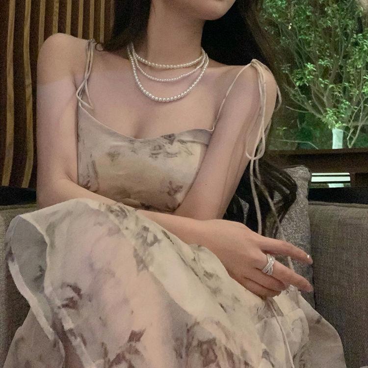 Винтажное принтованное платье для женщин с бретельками без рукавов, облегающее, с оборками, шифоновое, повседневное, корейское, длинное, женская одежда, лето