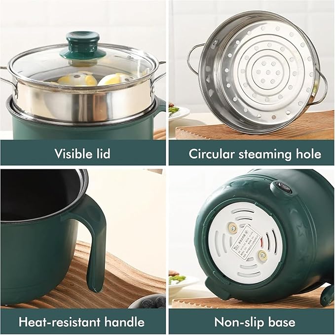 Portable 1.5L electric hot pot, 600W, with stainless steel steamer, for quickly cooking pasta Green