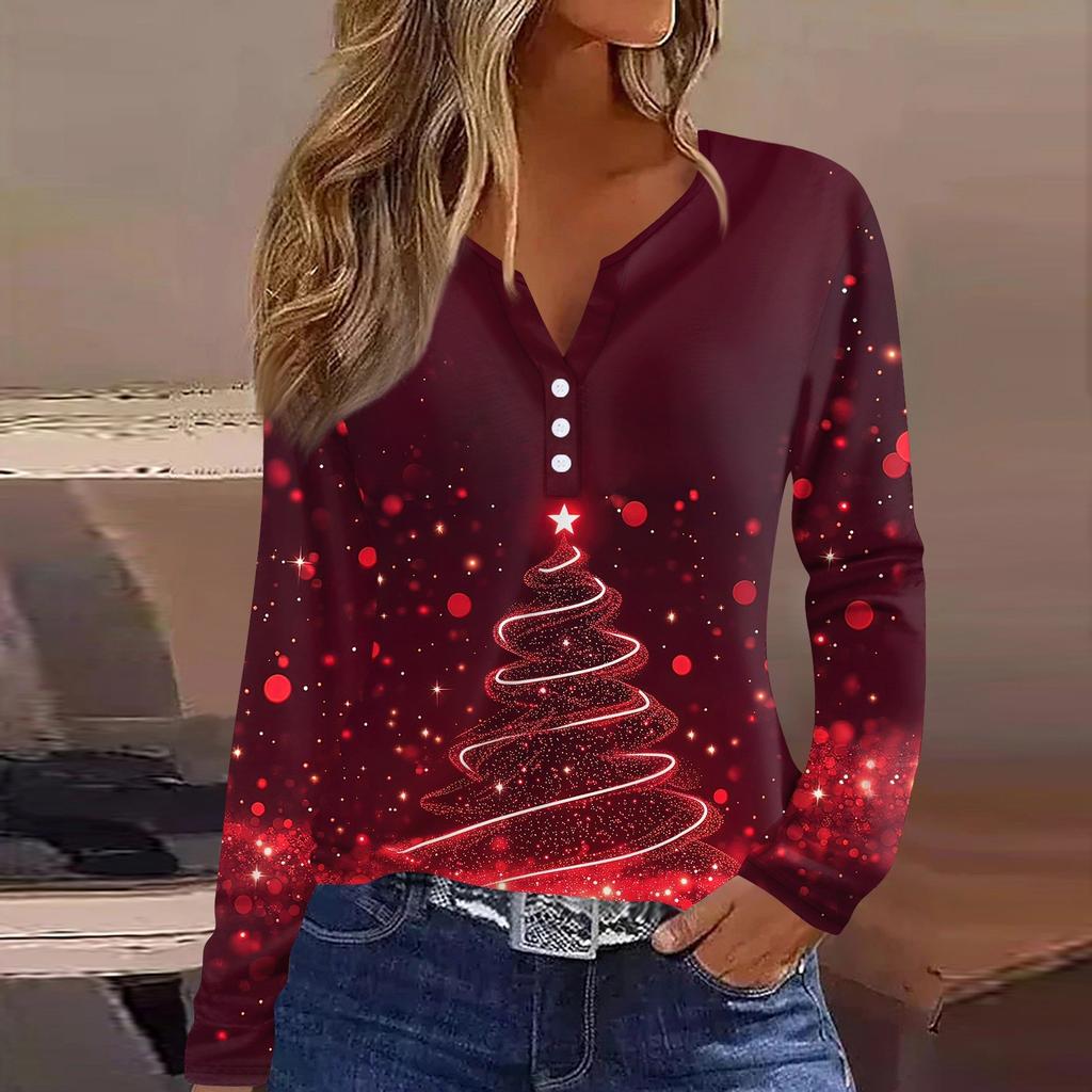 Women's T Shirt Tee Christmas Print Button Long Sleeve Daily Weekend Fashion Basic V- Neck Regular Top
