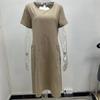 Summer Casual Women's High Waist Dress Short Sleeve Dresses for Female Solid Color Dress Round Necked Dress Loose Dress With Pocket Commuter Dresses