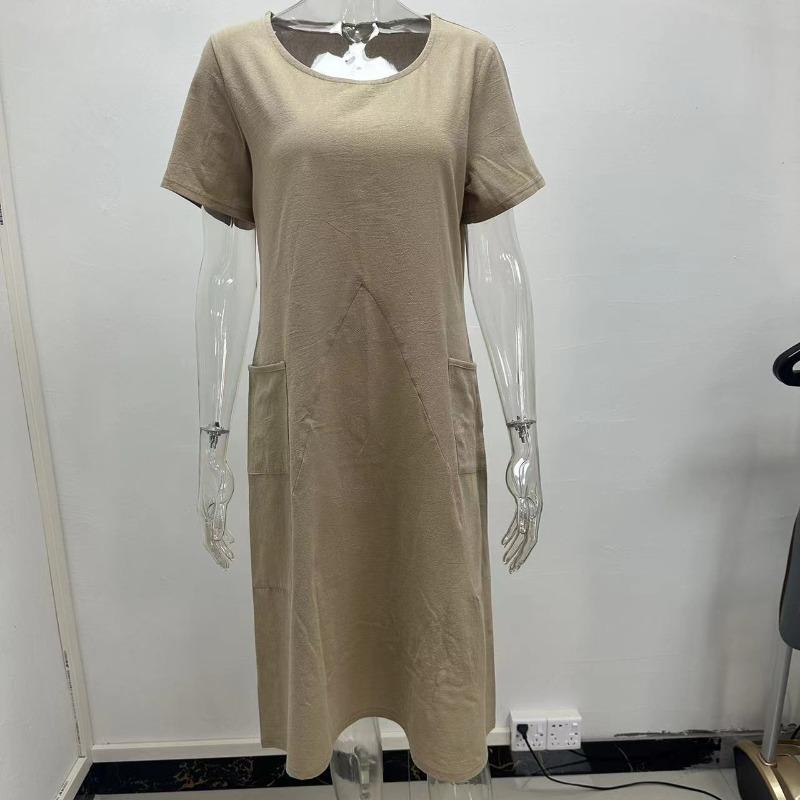 Summer Casual Women's High Waist Dress Short Sleeve Dresses for Female Solid Color Dress Round Necked Dress Loose Dress With Pocket Commuter Dresses