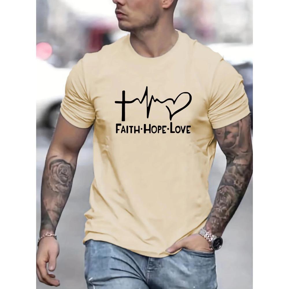 Men's 100% Cotton Fashionable Casual Sports Loose Fit Plus Size FAITH HOPE LOVE Printed Round Neck Short Sleeved T-shirt Top