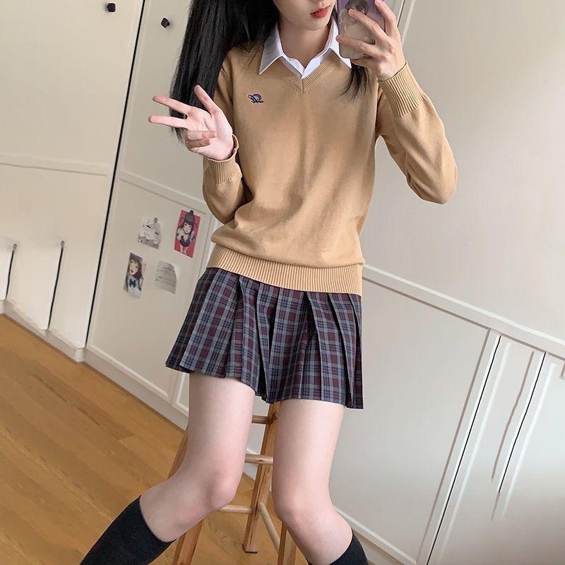 Черный свитер с длинными рукавами и V-образным вырезом с вышивкой от Jizhong College - свитер для школьной формы на осень/зиму