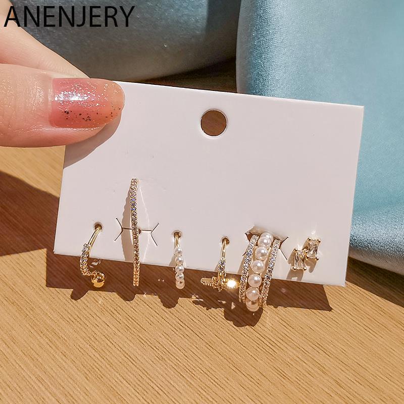 ANENJERY 6 шт./компл. серьги-кольца с имитацией жемчуга в виде звезды, комплект серег с микроцирконом, зажим для ушей, креативные вечерние ювелирные изделия, подарок