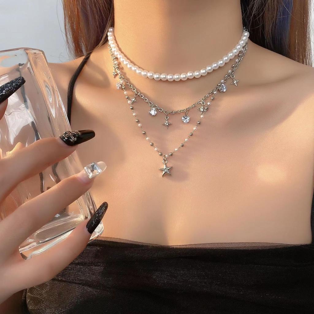 Zircon star pendant, pearl necklace, women's double-layer stacked wear, light luxury niche collarbone chain, neck chain 1111 new accessories