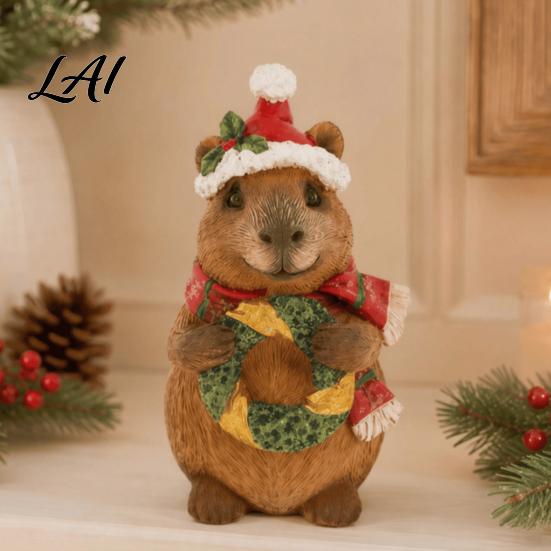 Cute Resin Animal Ornament Christmas Capybara Figurine with Hat And Scarf Tree Accessory Statue Cartoon Sculpture for Home Holiday Party Tabletop