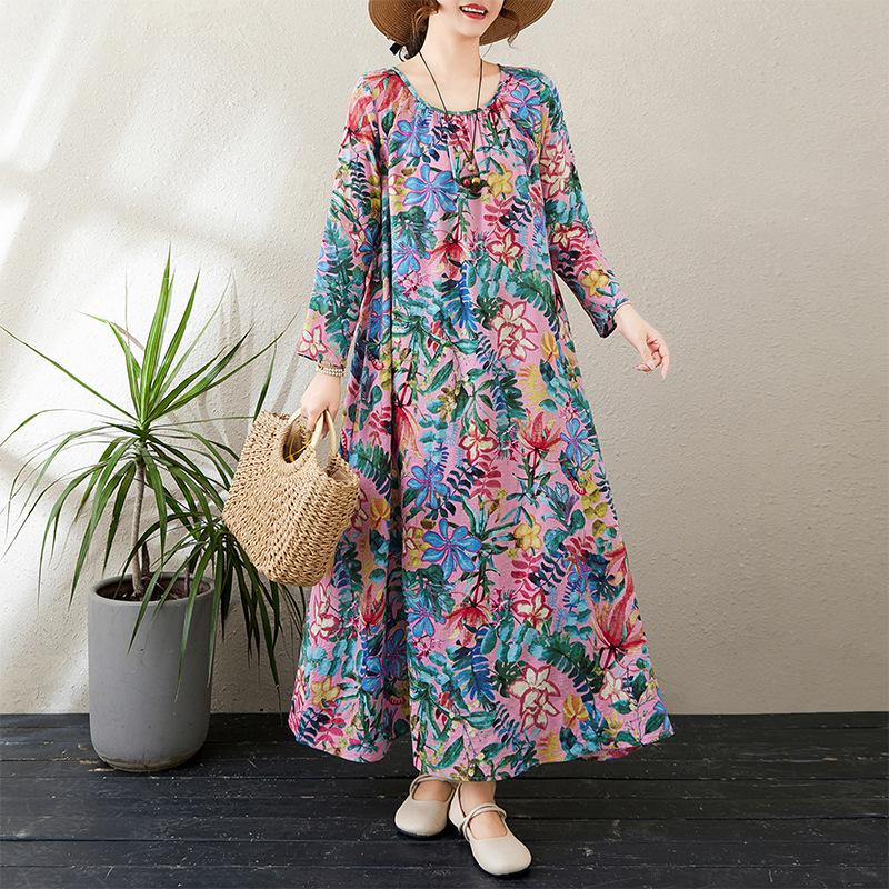 Осеннее литературное свободное платье больших размеров с круглым вырезом и длинными рукавами для весенних женщин в винтажном стиле