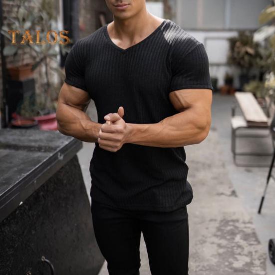 Мужская футболка с коротким рукавом и V-образным вырезом, облегающая спортивная полосатая однотонная футболка, дышащая спортивная одежда для спорта, путешествий, офиса