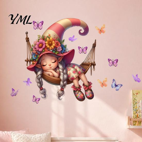 Healing Theme Wall Stickers for Girls Room Flower Fairy Hammock Decal, Peel and Stick Butterfly Tale Waterproof Floral Sticker, Decorative Mural