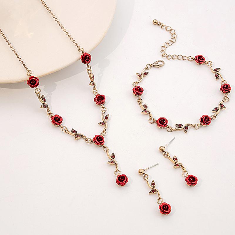 Luxurious Vintage Rose Flower Necklace Bracelet Earrings Set Elegant Women'S Party Jewelry Accessories Valentine'S Day Gift