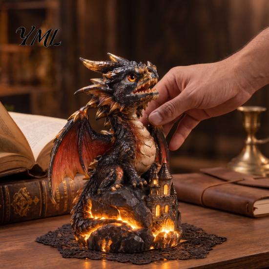 Bedroom Ornament Light Up Dragon Figurine, Resin Gothic Castle Statue, Decorative Mythical Creature Model Fantasy for Home, Office Table, Desk