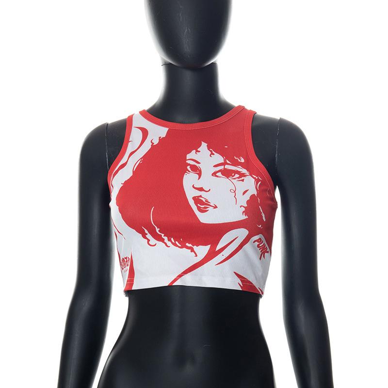 Новинка лета 2024, пуловер с круглым вырезом, без рукавов, с портретным принтом, пупок, женский топ, жилет