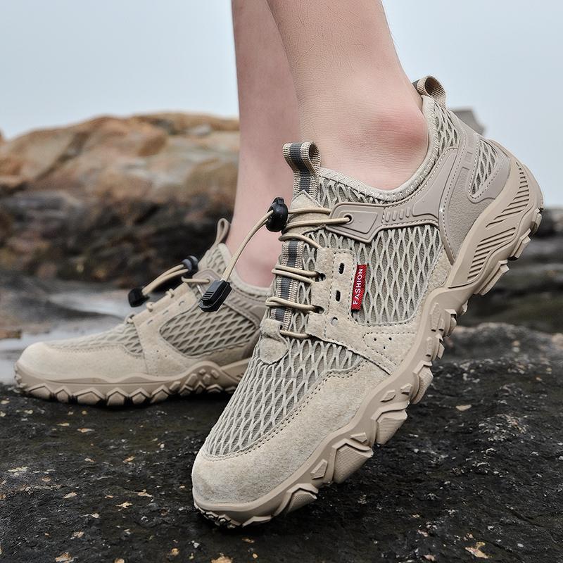 Men’s Outdoor Hiking Shoes Grey Driving Shoes Casual Slip on Summer Black Mesh Shoes Plus Size 45 46