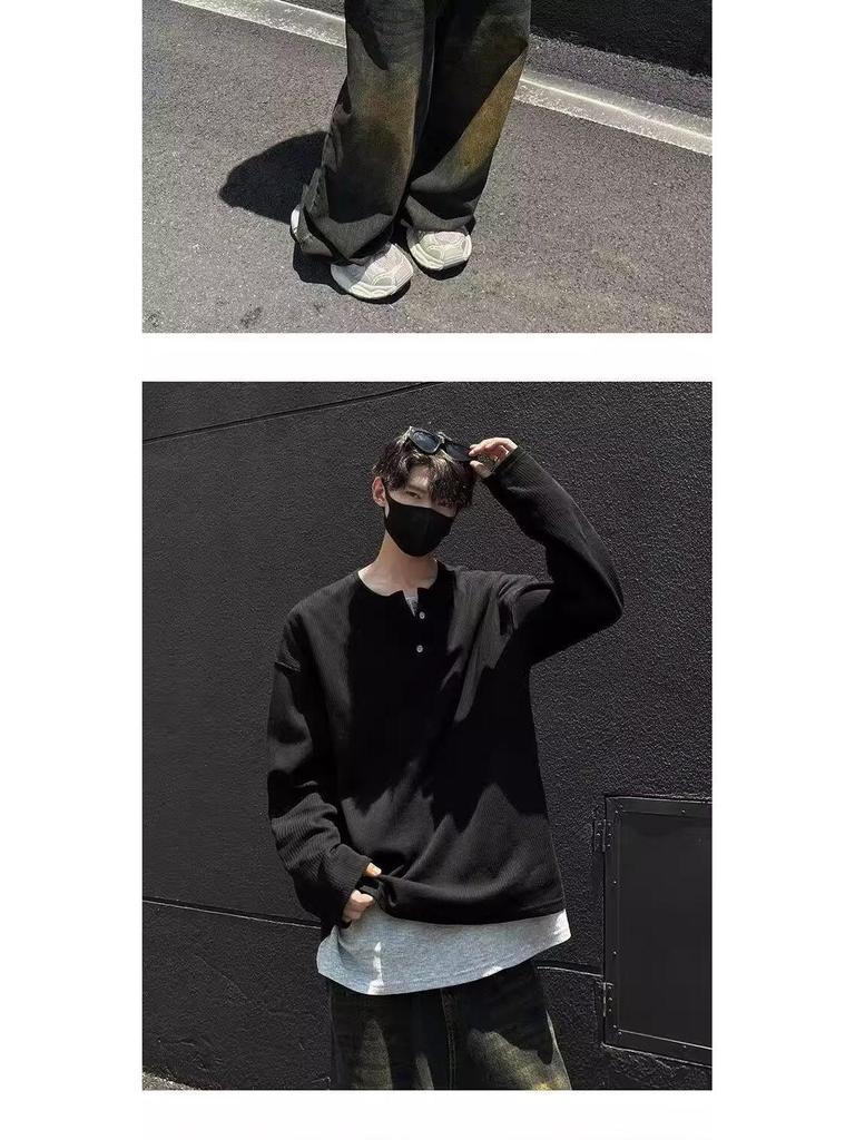 Мужская осенняя футболка в корейском стиле облегающего кроя с длинным рукавом и застежкой хенли