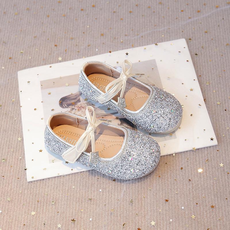 Girls' Sparkling Princess Shoes for Performances2026Spring and summer star rhinestone bow small leather shoes
