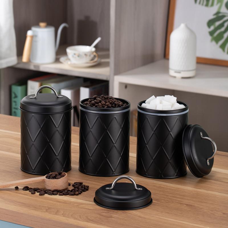 Reticulated coffee bean metal sealed jar food grade tea bag sugar milk ball grain bucket household black storage box