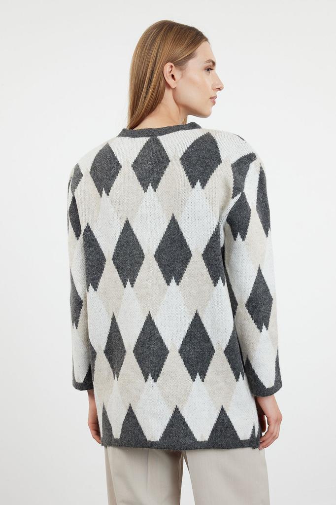 Women's Fashionable Stylish Hijab Cardigan Gray Diamond Patterned Knitwear Cardigan