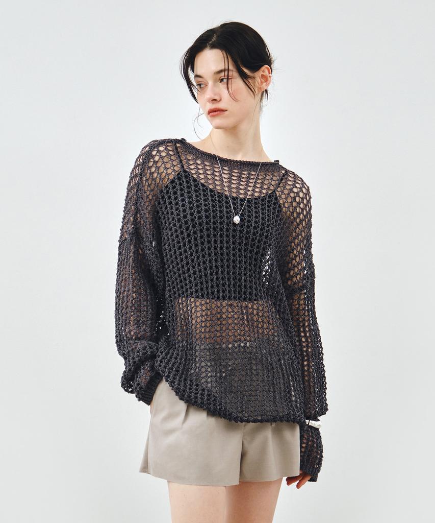 MONGDOL Paper Net See-Through Knit Top Charcoal Mdkt126Charcoal