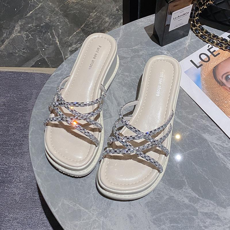 Thick Sole Rhinestone Slippers Women's Wedge Sandals Outdoor 2024 Summer Shoes Fashion Platform High Heel Female Slides