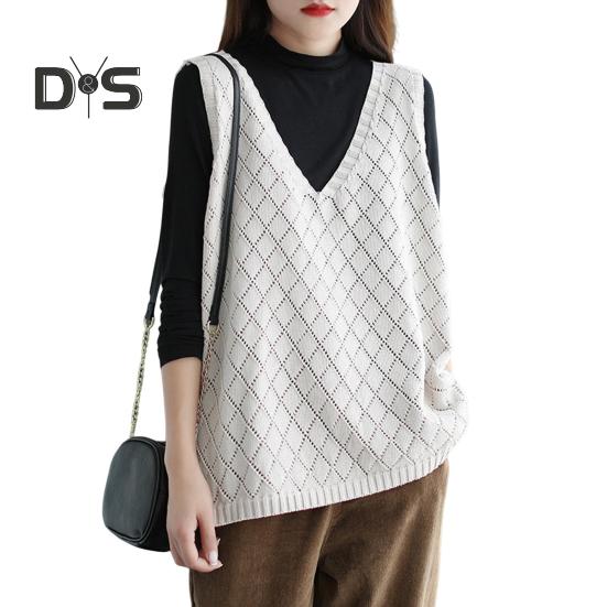 Весна Осень Женский Жилет Вязаный Свитер Ретро V-образный Вырез Свободный Без Рукавов Однотонный Пуловер Ажурный Ромбовидный Текстурный Топ Повседневная Одежда