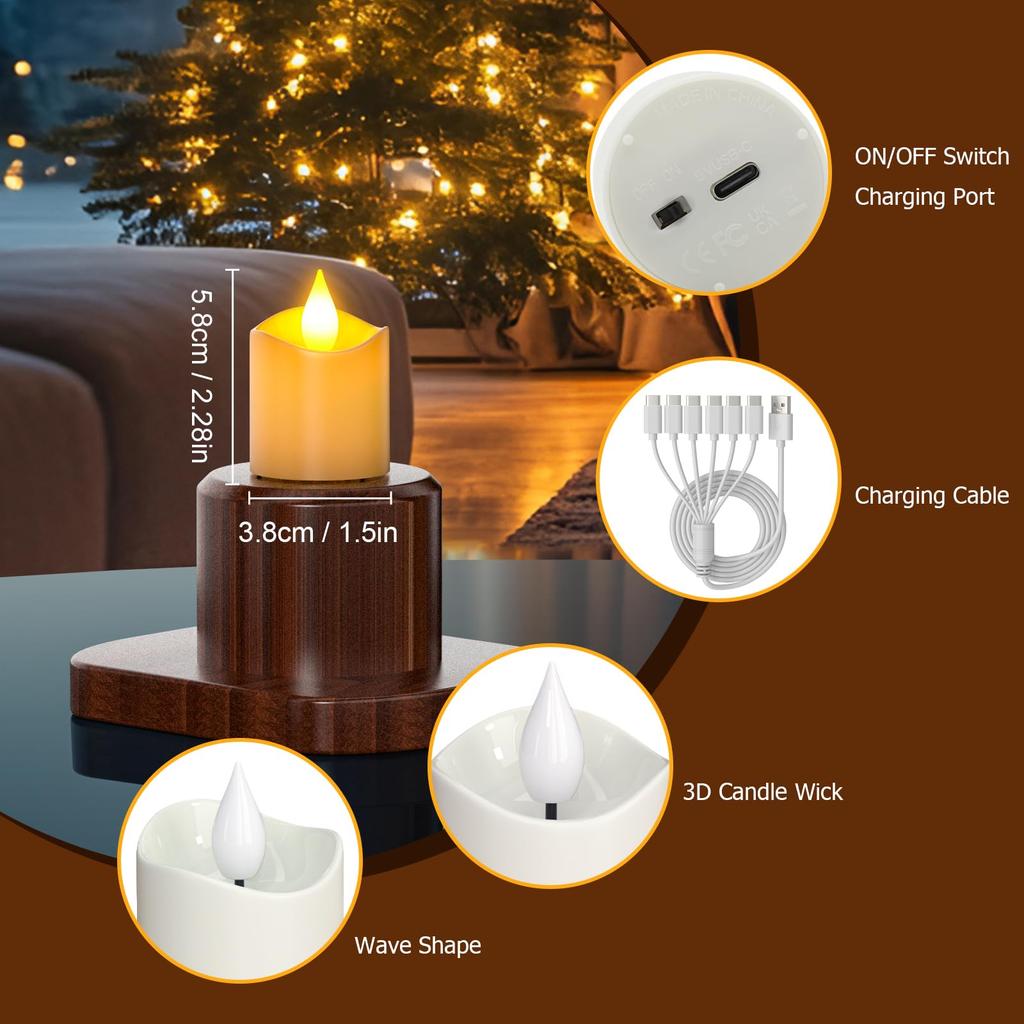 PChero Candle Lights, USB-C Rechargeable LED Candles, Timer Function, Energy-Saving, Power Outage Safe, Remote Control Included, Warm White Light,