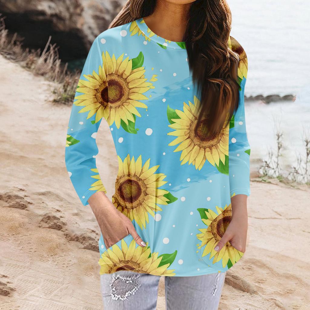 Женская модная повседневная футболка с карманом и круглым вырезом с рукавами 3/4 и топом