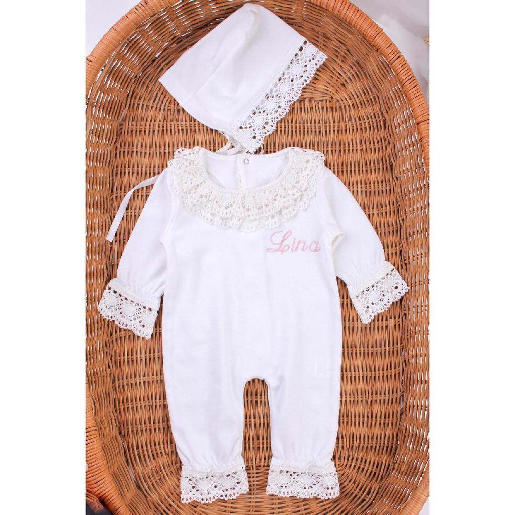 Named Hospital Issue Laced Jumpsuit Set Ecru Name Custom Lace Jumpsuit Set Bonet Hat