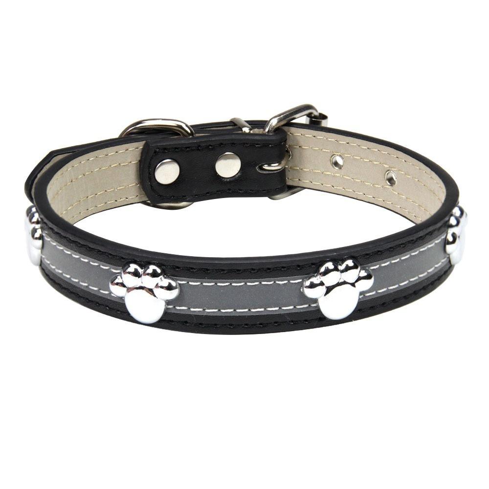 Leather Reflective Dog Collar Adjustable Metal Buckle Rivets Pet Collar Decorative Soft Dog Footprint Collar Pet Supplies