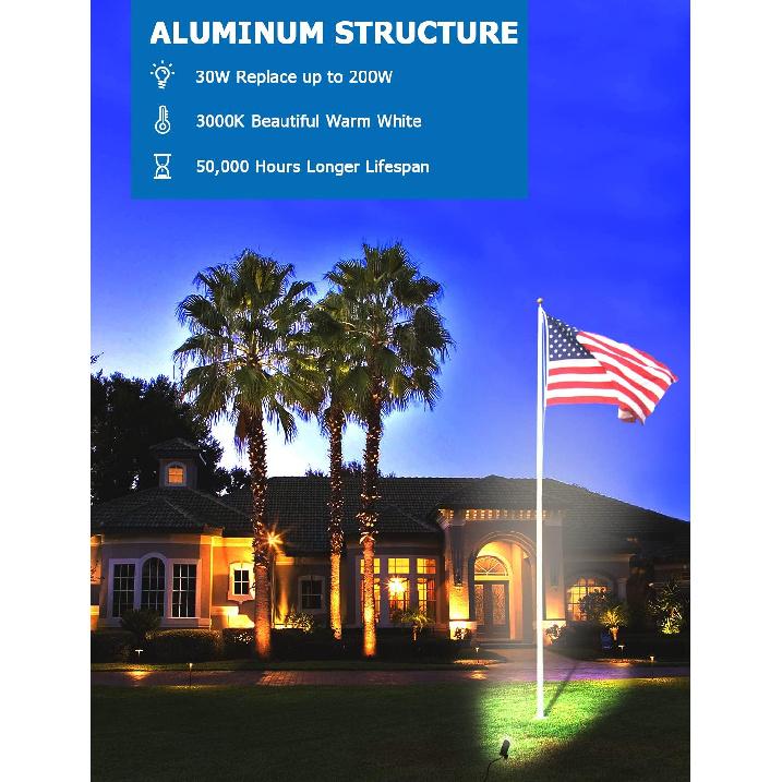 SUNVIE 30W Outdoor LED Spotlight 120V Waterproof Landscape Spotlights 3000LM Ultra Bright Spot Lights Outdoor 3000K Warm White Landscape Lights with