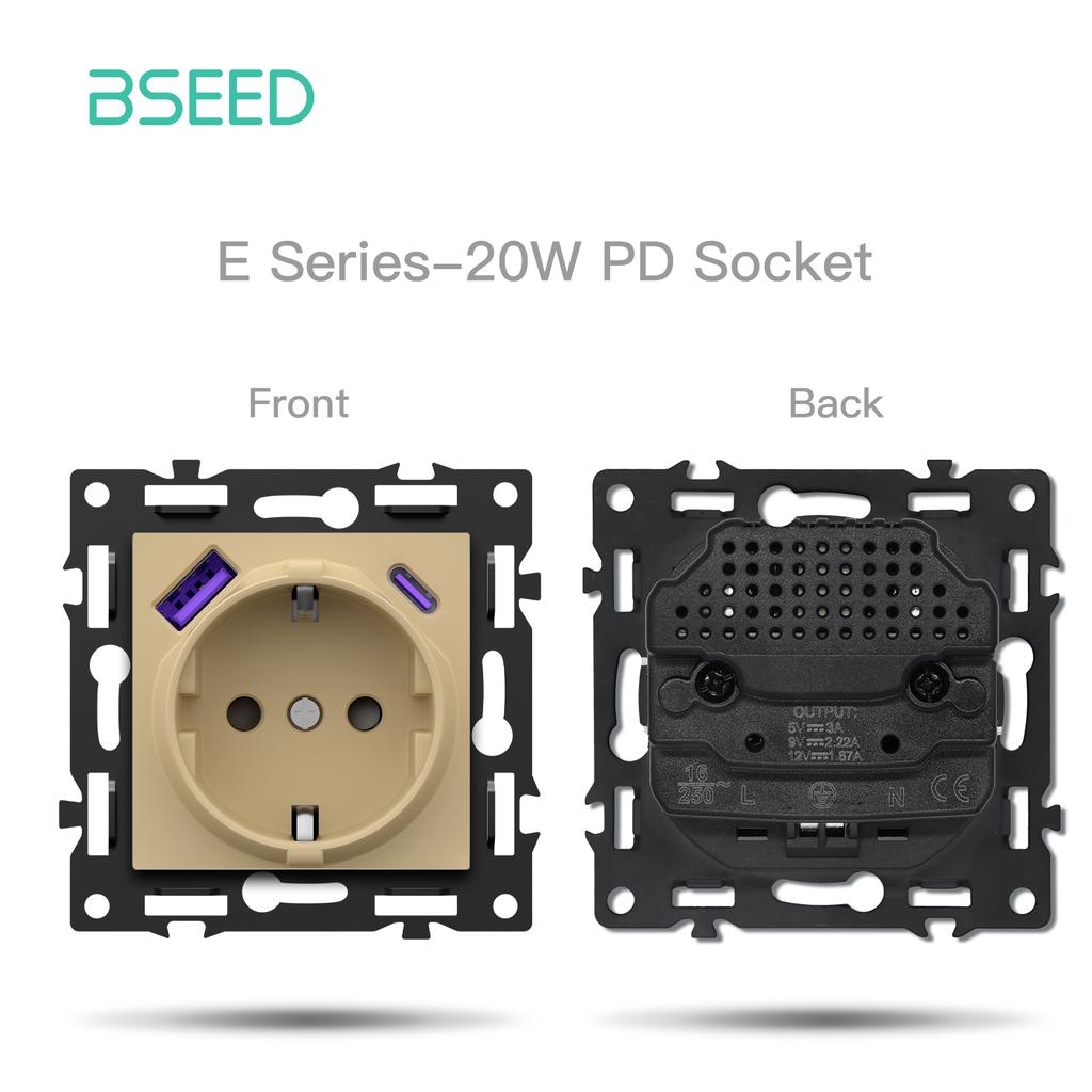 BSEED Button Switch DIY Modules Light Switch Parts Gold Glass Frame DIY Combination Wall Sockets CAT6 USB-C Charge Key E-Series