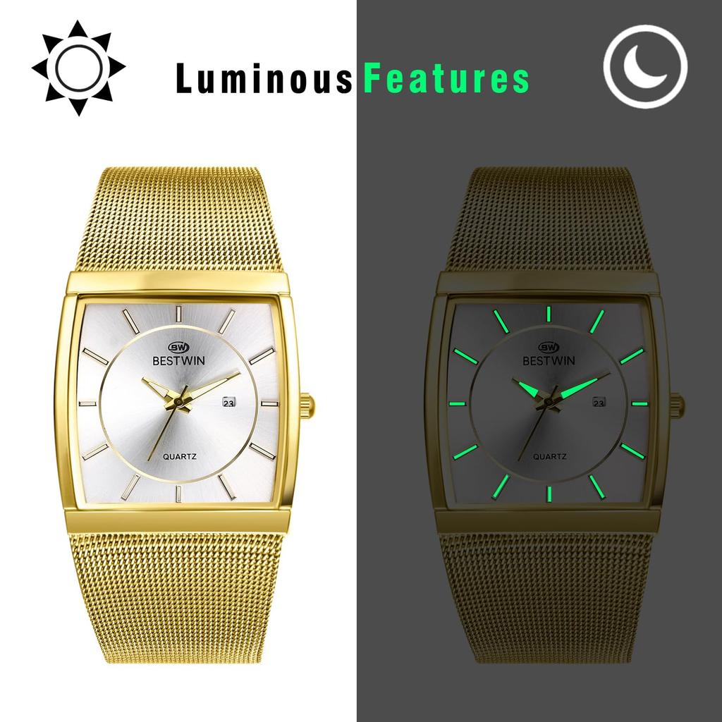 Квадратные часы с сетчатым ремешком из нержавеющей стали, светящиеся аналоговые, водонепроницаемость 3 АТМ, кварцевые и модный аксессуар, идеально подходят для или в качестве подарка парню, мужской ремешок,