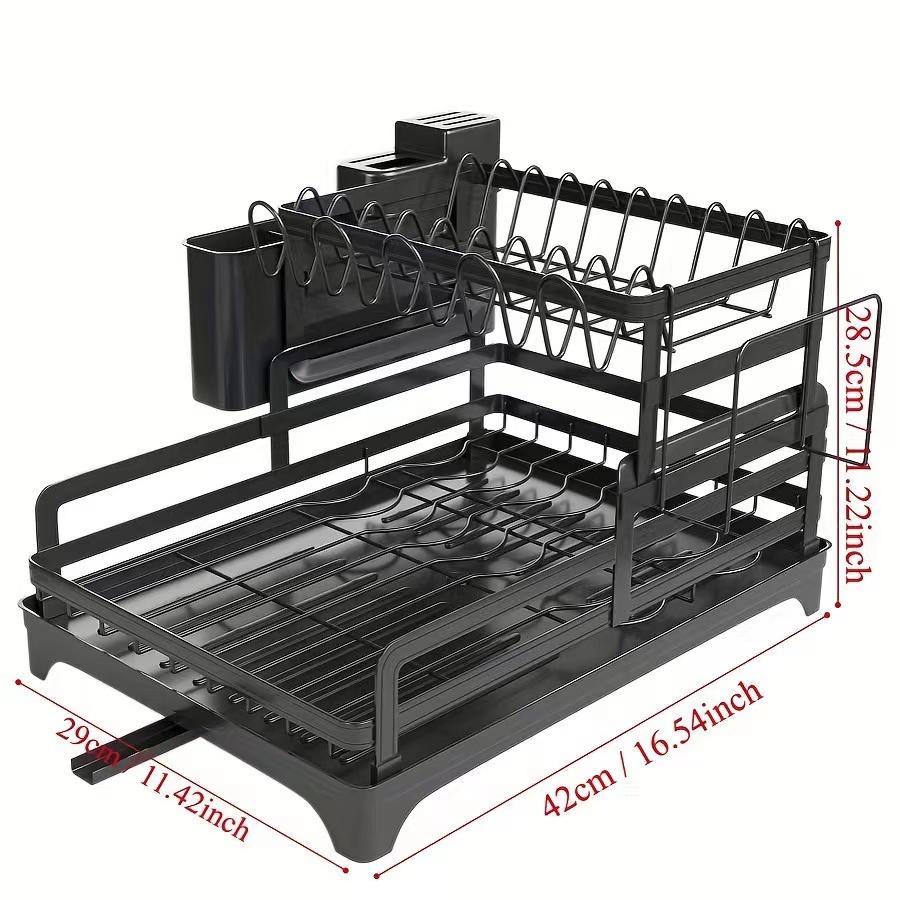 2 Tier Dish Rack with Drainboard Kitchen Dish Bowl Drainer Storage Rack Countertop Dinnerware Organizer Knife Fork Cup Holder