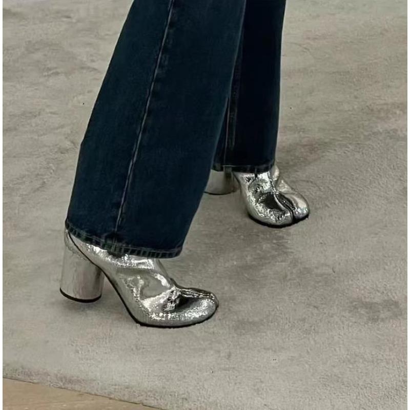 Модные Роскошные Дизайнерские Ботильоны Таби с Раздельным Носком Женские из Натуральной Кожи на Массивном Высоком Каблуке Короткие Ботинки 2025 Весенне-Осенняя Обувь