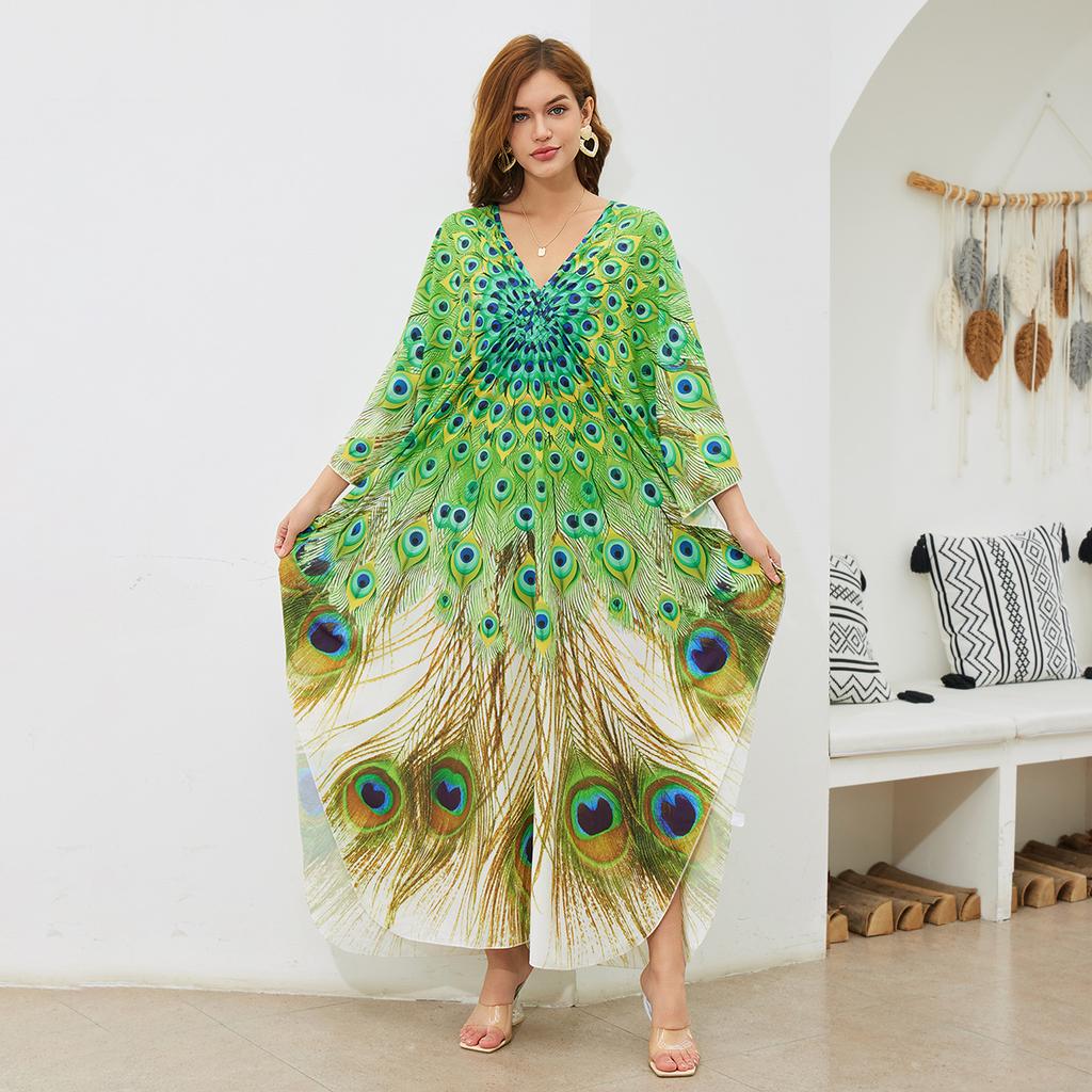 Женская мода лето весна перо принт рукава 3/4 V-образный вырез свободная талия повседневные платья