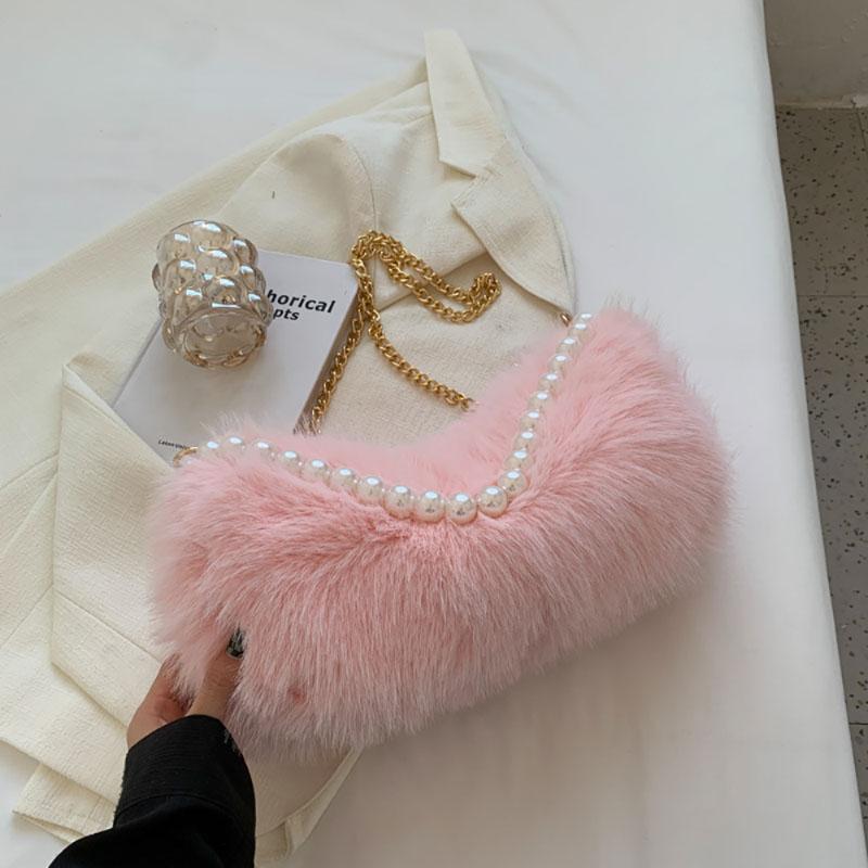 Autumn Winter Cute Plush Bag New Women's Popular Pearl Chains Crossbody Solid Color Fashion Single Shoulder Fur Pack Korean