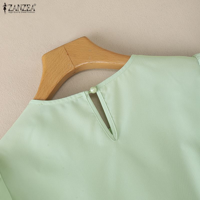 ZANZEA Женская повседневная однотонная блузка с круглым вырезом и пышными короткими рукавами