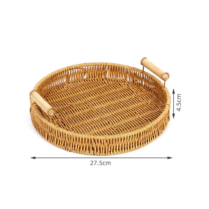 Storage Tray Round Rattan Woven Tray Fruit Breakfast Tea Storage Basket Desktop Sundries Organizer Bread Plates With Wood Handle