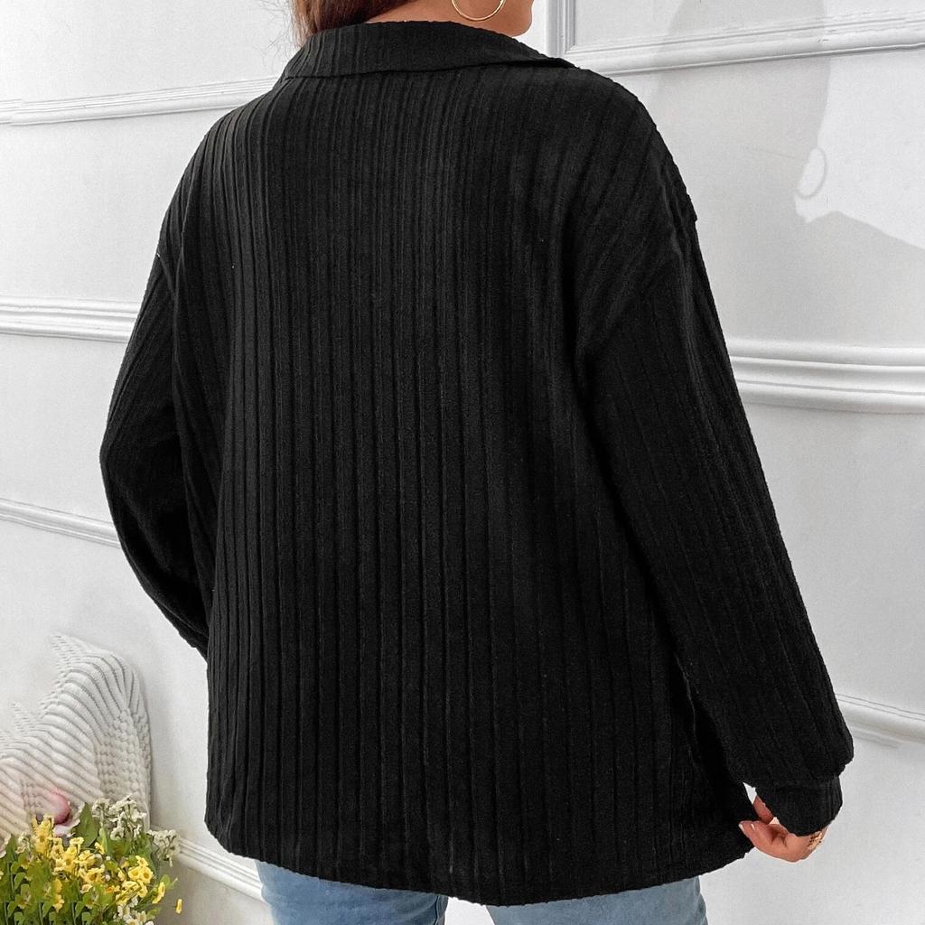 Осенние и зимние модели однотонной свободной женской блузки большого размера с V-образными лацканами и длинными рукавами в полоску с начесом