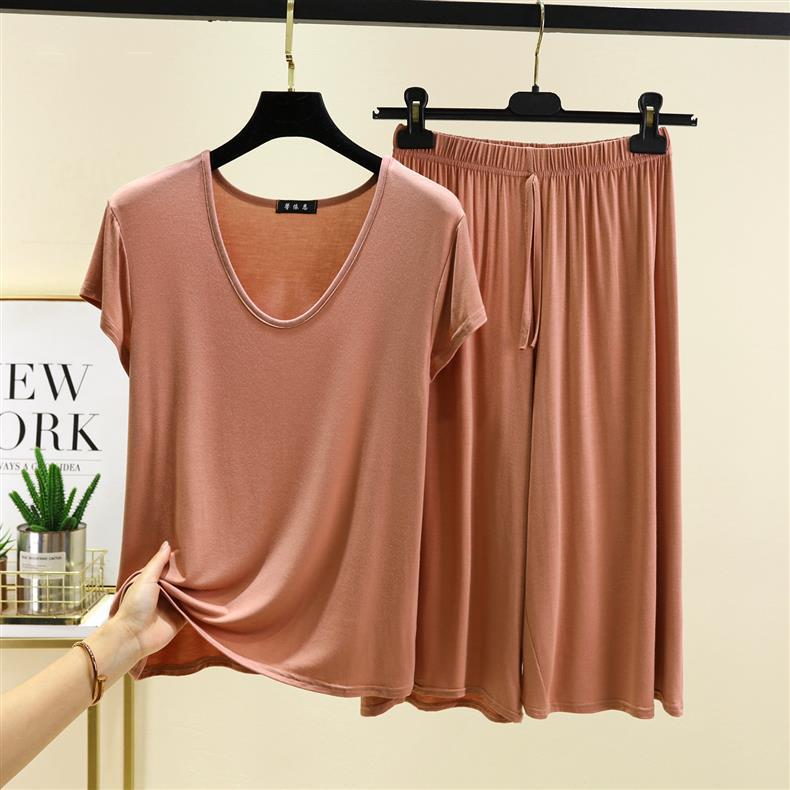 Женский повседневный комплект из двух предметов: Модальная футболка с U-образным вырезом и брюки с высокой посадкой, завязкой на талии и широкими штанинами