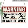 2D Flat 1pc Funny 'Beware of The Wife' Retro Metal Sign - 8x12 Inch Aluminium Wall Decor with Running Silhouette & Dog Warning, Rustic Red and Black