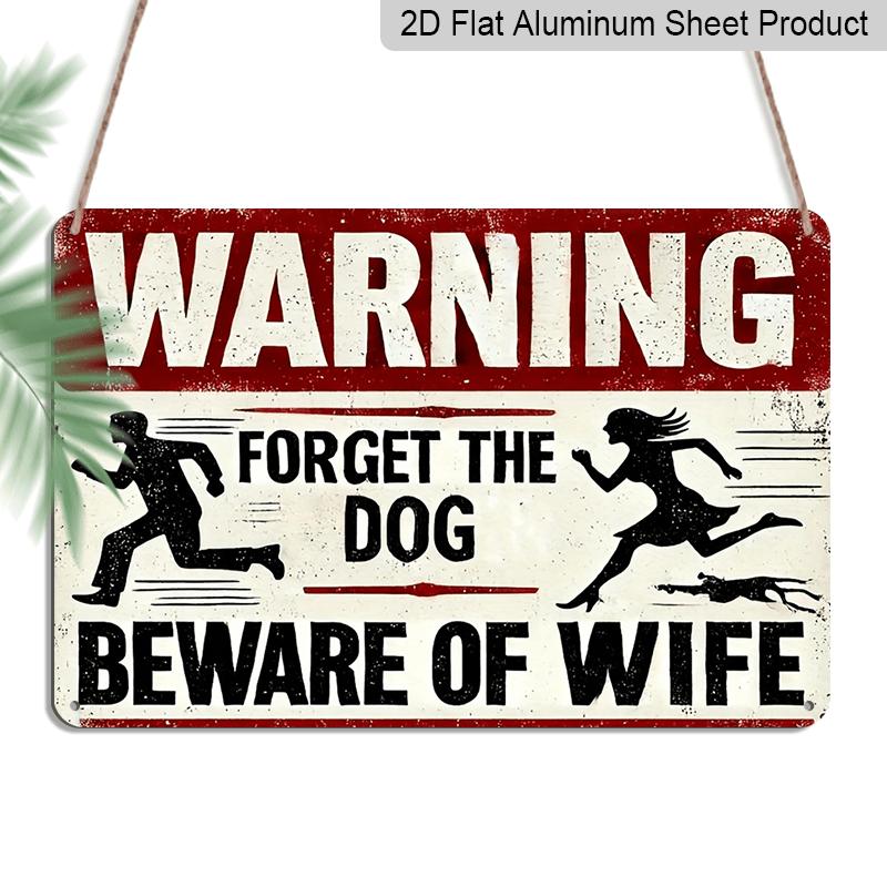 2D Flat 1pc Funny 'Beware of The Wife' Retro Metal Sign - 8x12 Inch Aluminium Wall Decor with Running Silhouette & Dog Warning, Rustic Red and Black