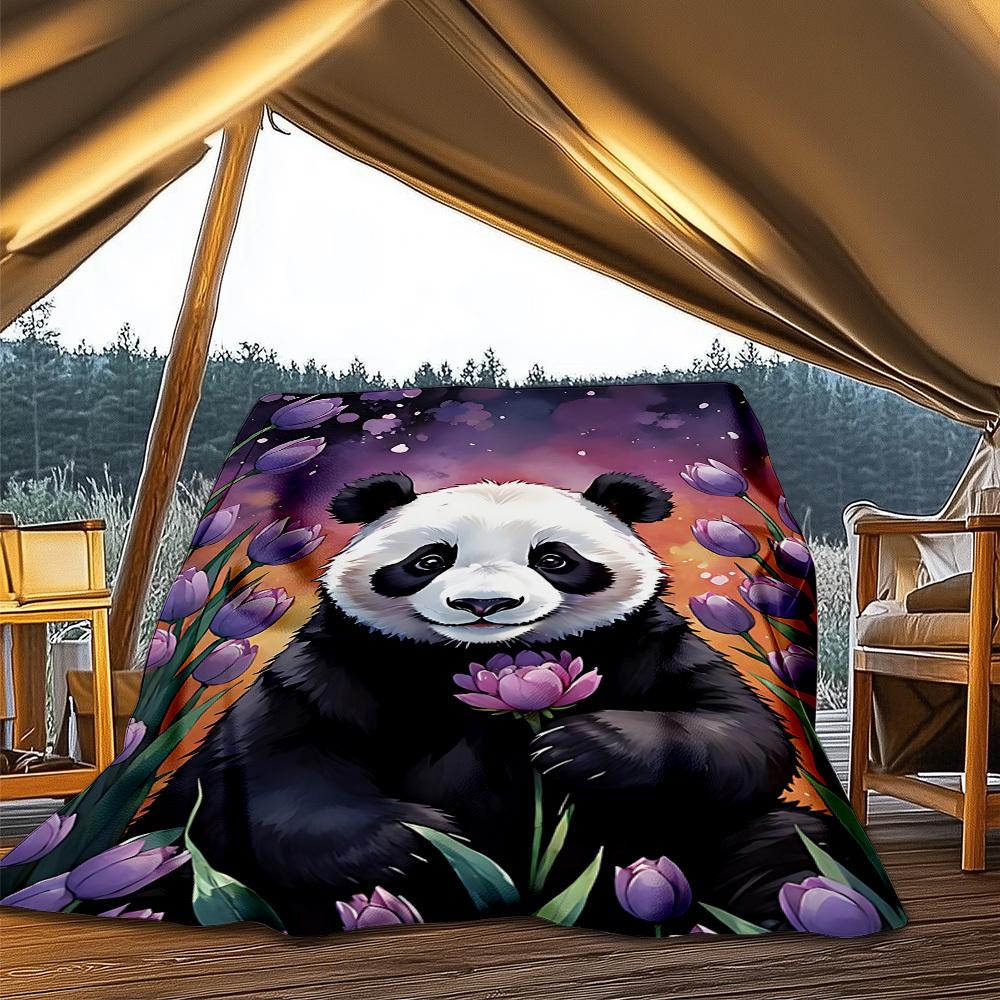 1pc Panda Flower Throw Blanket Polyester Fiber, Lightweight Flannel, Soft & Warm, All Season Use for Outdoor, Camping Digital Print